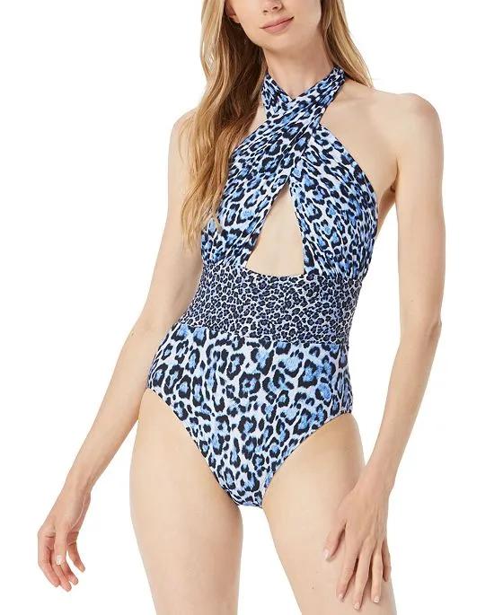 Women's Printed Cross-Front Cut-Out One-Piece Halter Swimsuit