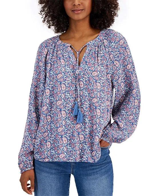 Women's Printed Drapey Tie Peasant Blouse, Created for Macy's