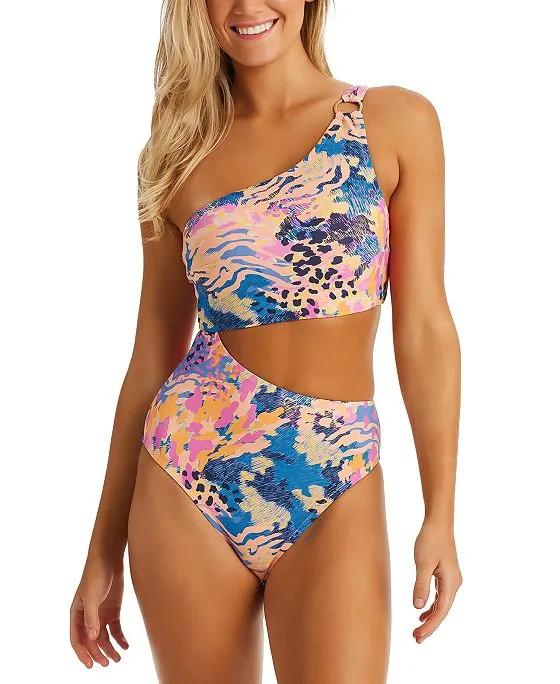 Women's Printed Fashionably Late Cut-Out One-Shoulder One-Piece Swimsuit