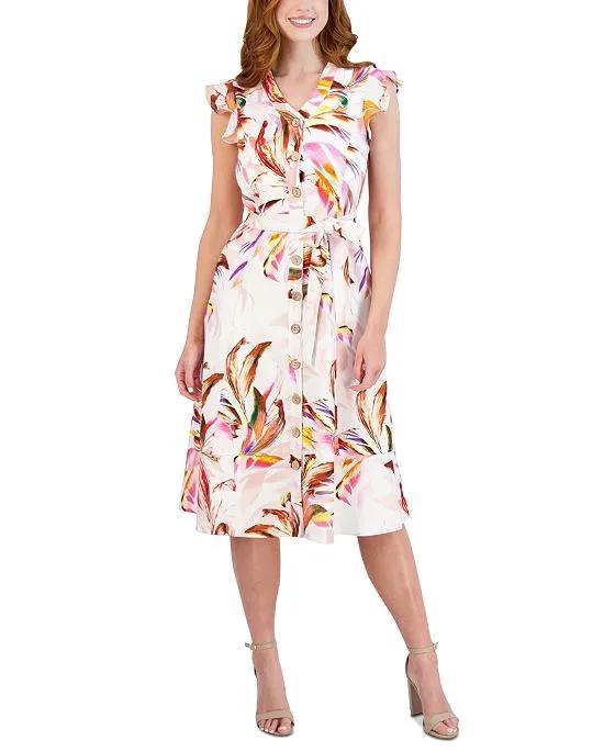 Women's Printed Flutter-Sleeve Fit & Flare Dress