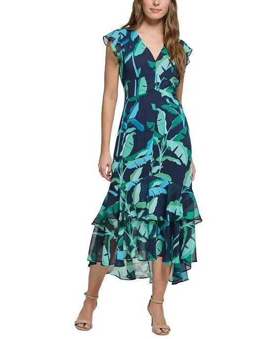 Women's Printed Flutter-Sleeve Ruffled High-Low Midi Dress