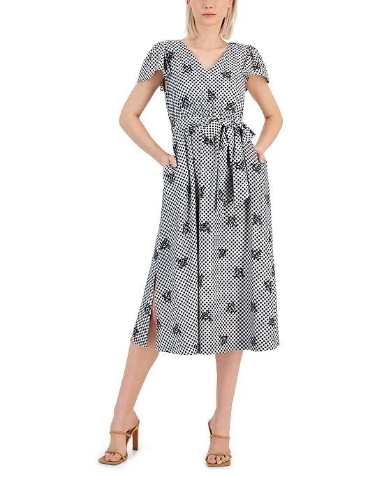 Women's Printed Gingham Flutter-Sleeve Midi Dress