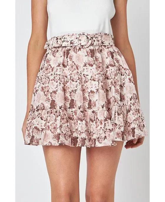 Women's Printed Linen Tiered Mini Skirt