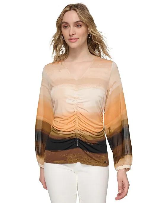 Women's Printed Long-Sleeve Ruched V-Neck Top
