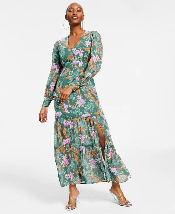Women's Printed Long-Sleeve Slit-Hem Maxi Dress, Created for Macy's