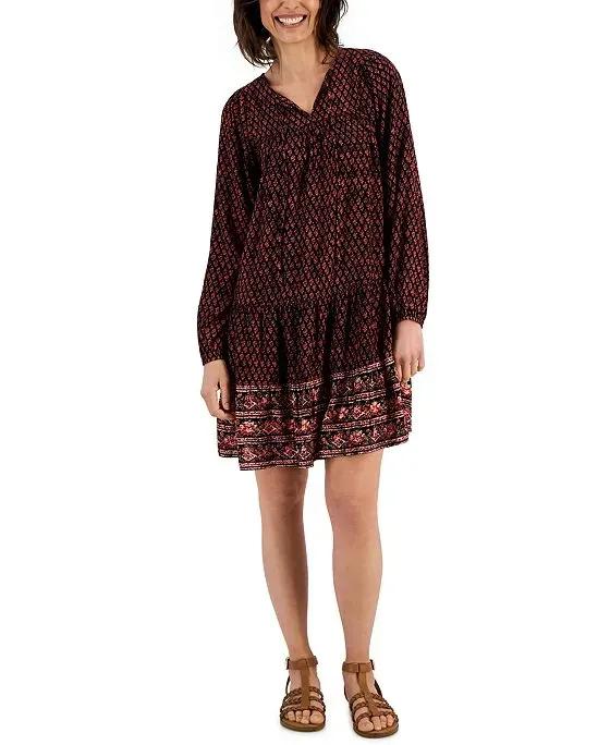 Women's Printed Long Sleeve Tiered Peasant Dress, Created for Macy's