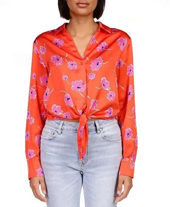 Women's Printed Lover Tie-Front Button-Front Shirt