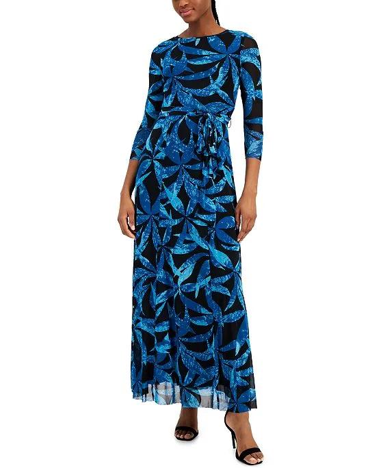 Women's Printed Mesh 3/4-Sleeve Maxi Dress