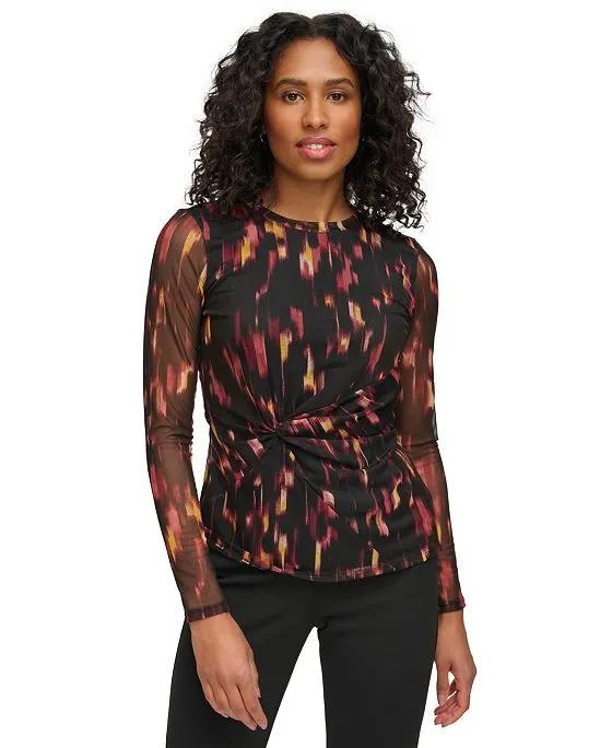 Women's Printed Mesh Side-Knot Top