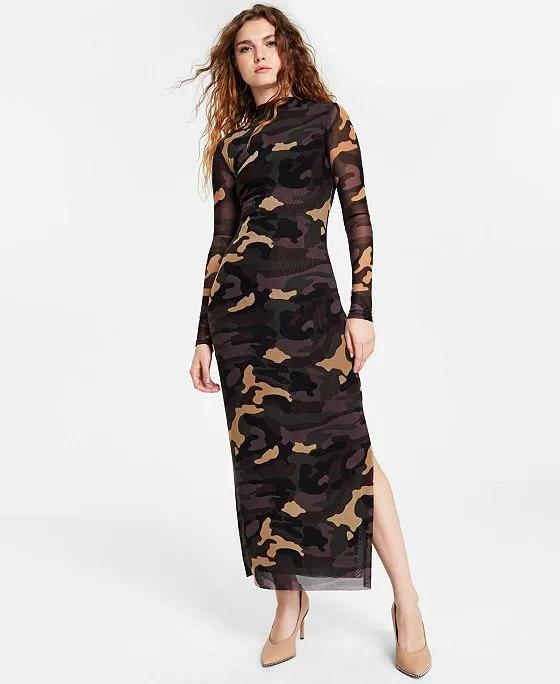 Women's Printed Mock-Neck Mesh Midi Dress, Created for Macy's