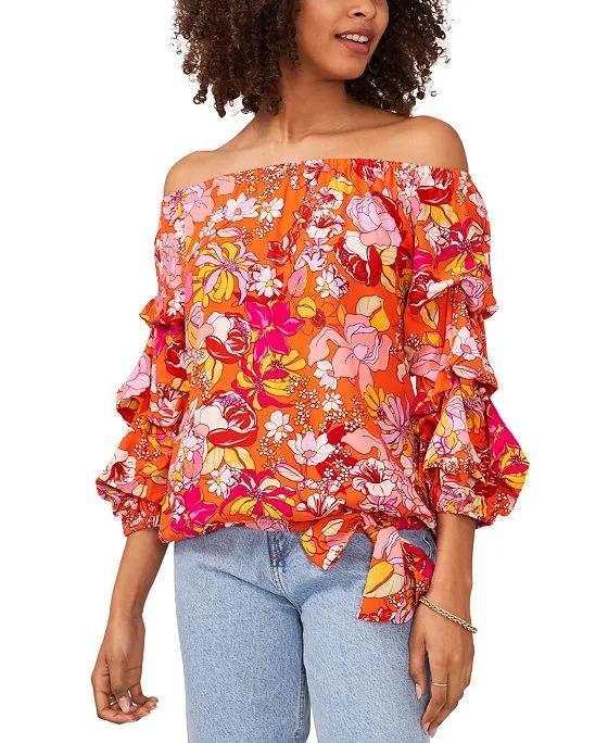 Women's Printed Off-The-Shoulder Bubble-Sleeve Top