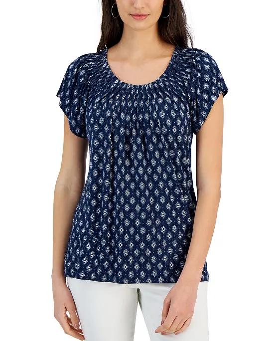 Women's Printed Pleated-Neck Top, Created for Macy's