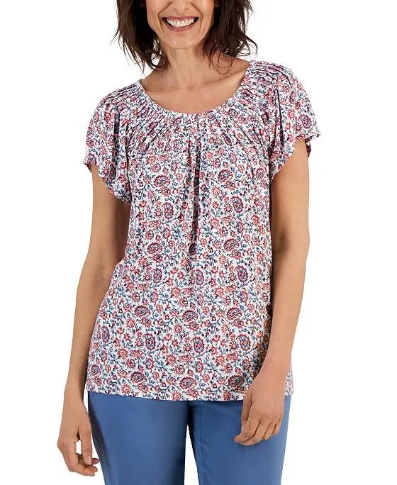 Women's Printed Pleated-Neck Top, Created for Macy's