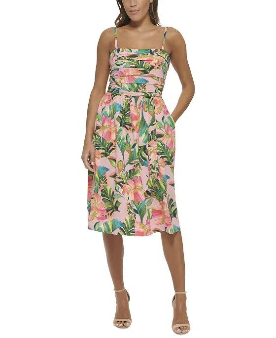 Women's Printed Pleated-Top Belted A-Line Dress
