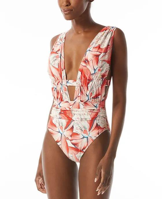 Women's Printed Plunge-Neck Ruched One-Piece Swimsuit