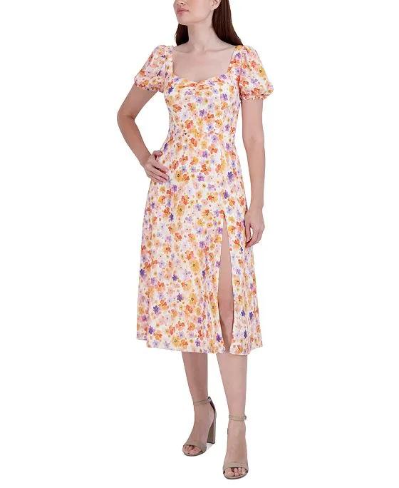 Women's Printed Puff-Sleeve Midi Dress