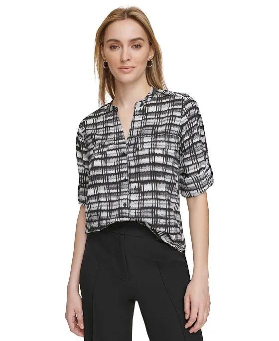Women's Printed Roll Sleeve Button-Up Shirt