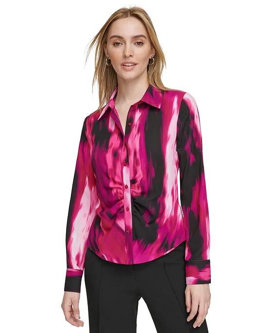 Women's Printed Ruched-Front Button-Up Top