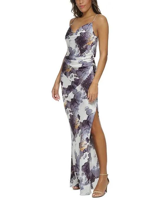 Women's Printed Ruched-Side Sleeveless Maxi Dress