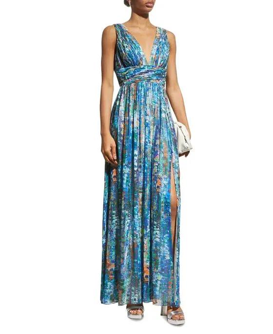 Women's Printed Ruched V-Neck Gown
