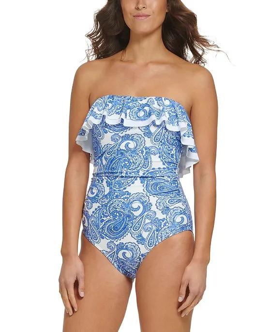 Women's Printed Ruffled Off-The-Shoulder Removable-Strap One-Piece Swimsuit