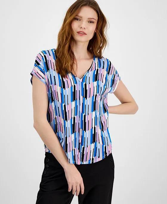 Women's Printed Seamed V-Neck Short-Sleeve Top, Created for Macy's
