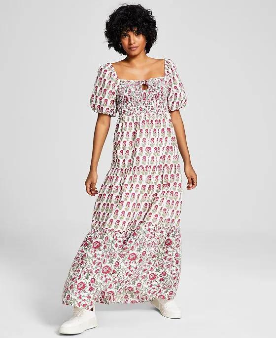 Women's Printed Smocked Puff Sleeve Cotton Maxi Dress