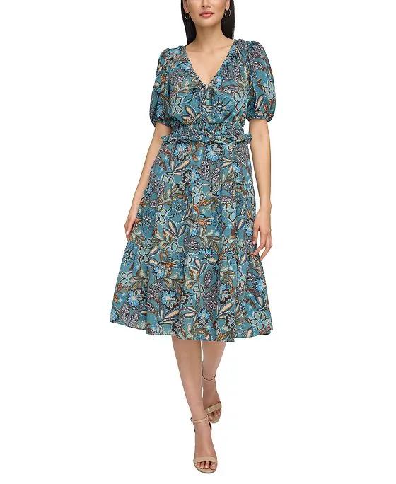 Women's Printed Smocked-Waist Midi Dress