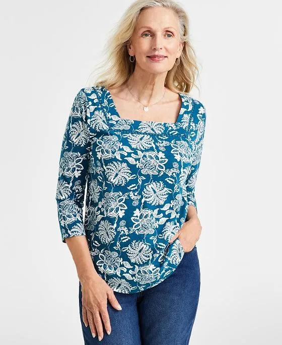 Women's Printed Square-Neck Cotton Top, Created for Macy's