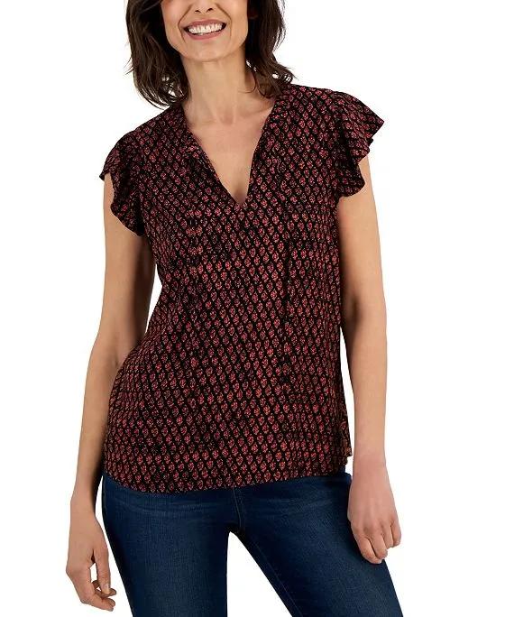 Women's Printed Tie-Neck Flutter-Sleeve Top, Created for Macy's
