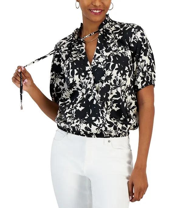 Women's Printed Tie-Neck Short-Sleeve Blouse, Created for Macy's