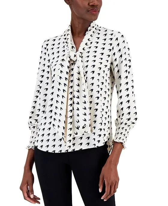 Women's Printed Tie-Neck Smocked-Cuff Blouse