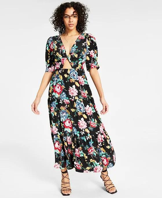 Women's Printed Twist-Front Cut-Out Tiered Keyhole Midi Dress, Created for Macy's