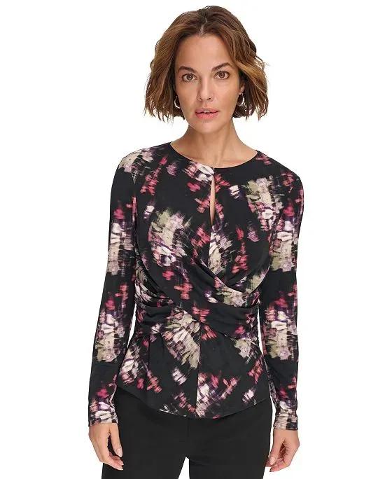 Women's Printed Twist-Front Keyhole Top 