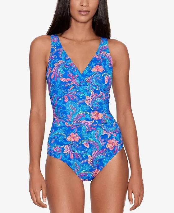 Women's Printed Twist-Front  Pleated Tummy-Control One-Piece Swimsuit