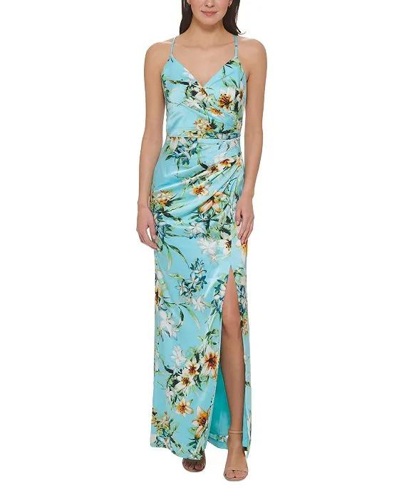Women's Printed V-Neck Side-Ruched Gown