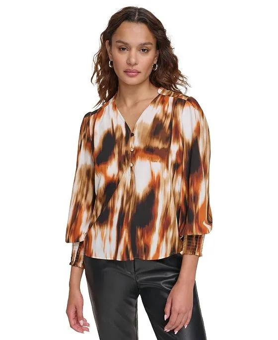 Women's Printed V-Neck Smocked-Cuff Blouse 