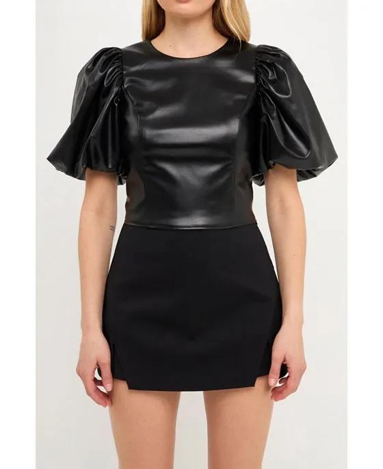 Women's PU Leather Puff Sleeve Cropped Top