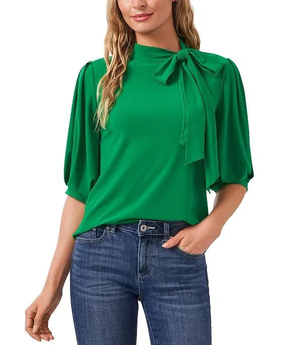 Women's Puff-Sleeve Bow-Neck Elbow Sleeve Top 