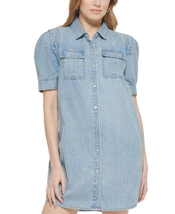 Women's Puff-Sleeve Button-Front Cotton Denim Shirtdress