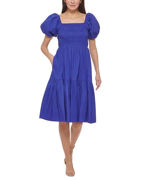 Women's Puff-Sleeve Square-Neck Smocked-Bodice Cotton Midi Dress