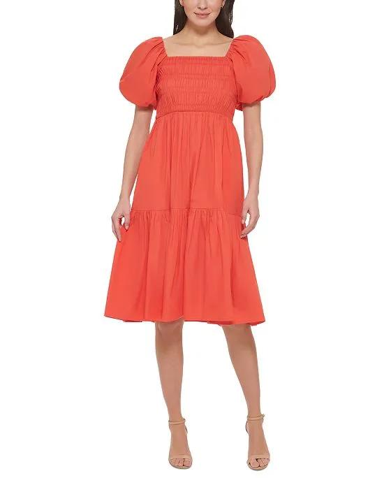 Women's Puff-Sleeve Square-Neck Smocked-Bodice Cotton Midi Dress