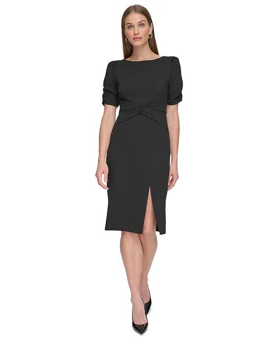 Women's Puff-Sleeve Twisted-Front Side-Slit Dress
