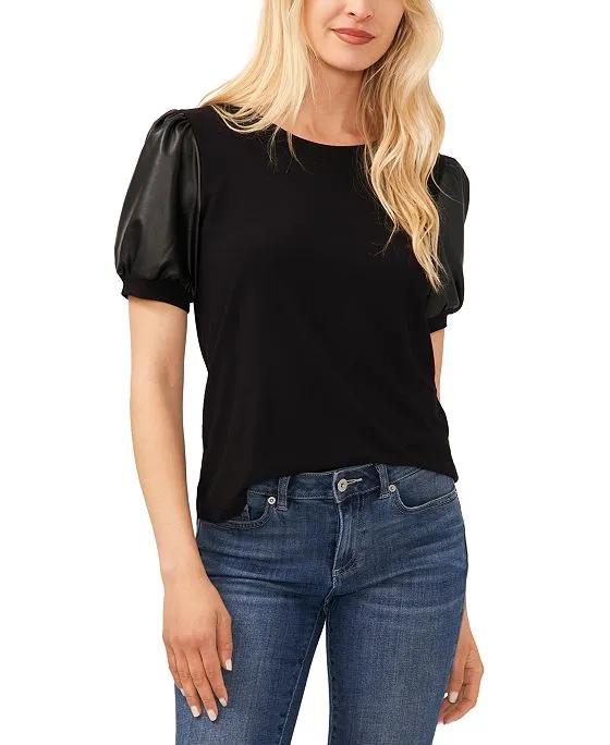 Women's Puffed Faux-Leather Short-Sleeve Round-Neck Top