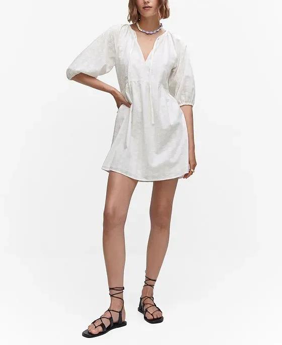 Women's Puffed Sleeves Embroidered Dress