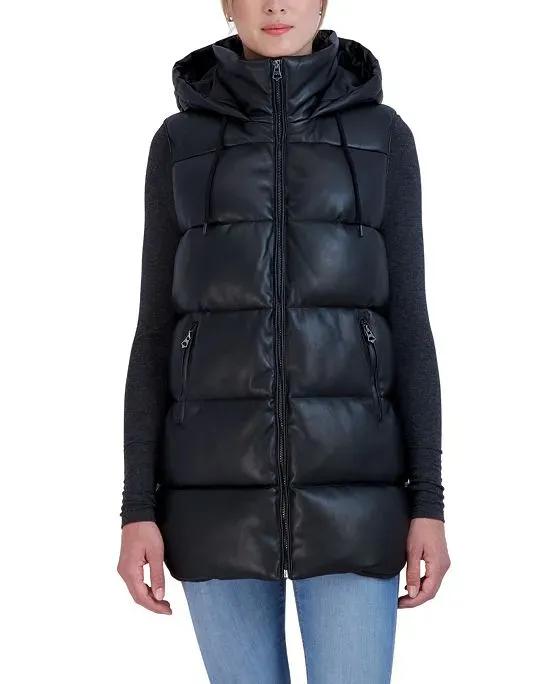 Women's Puffer Faux Leather Vest with Hood