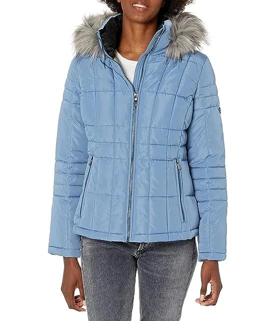 Women's Quilted Down Jacket with Removable Faux Fur Trimmed Hood