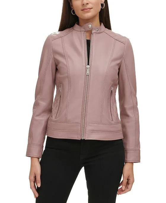 Women's Quilted-Shoulder Leather Coat, Created for Macy's