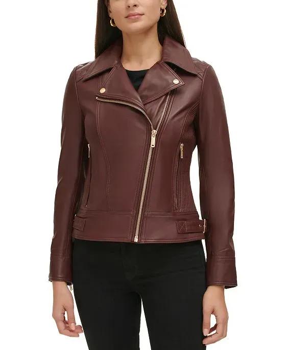 Women's Quilted-Sleeve Leather Moto Coat, Created for Macy's