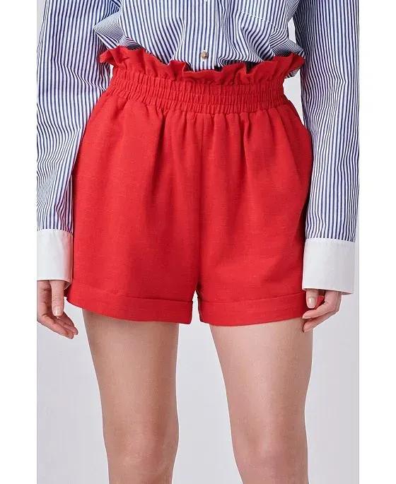 Women's Red Linen Cuffed Shorts